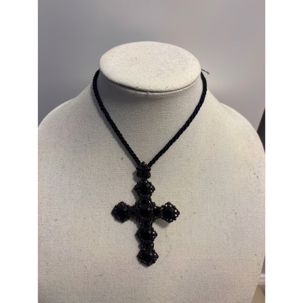 Black Gothic Cross Pendant Necklace Filigree Statement Jewelry Twisted Cord
